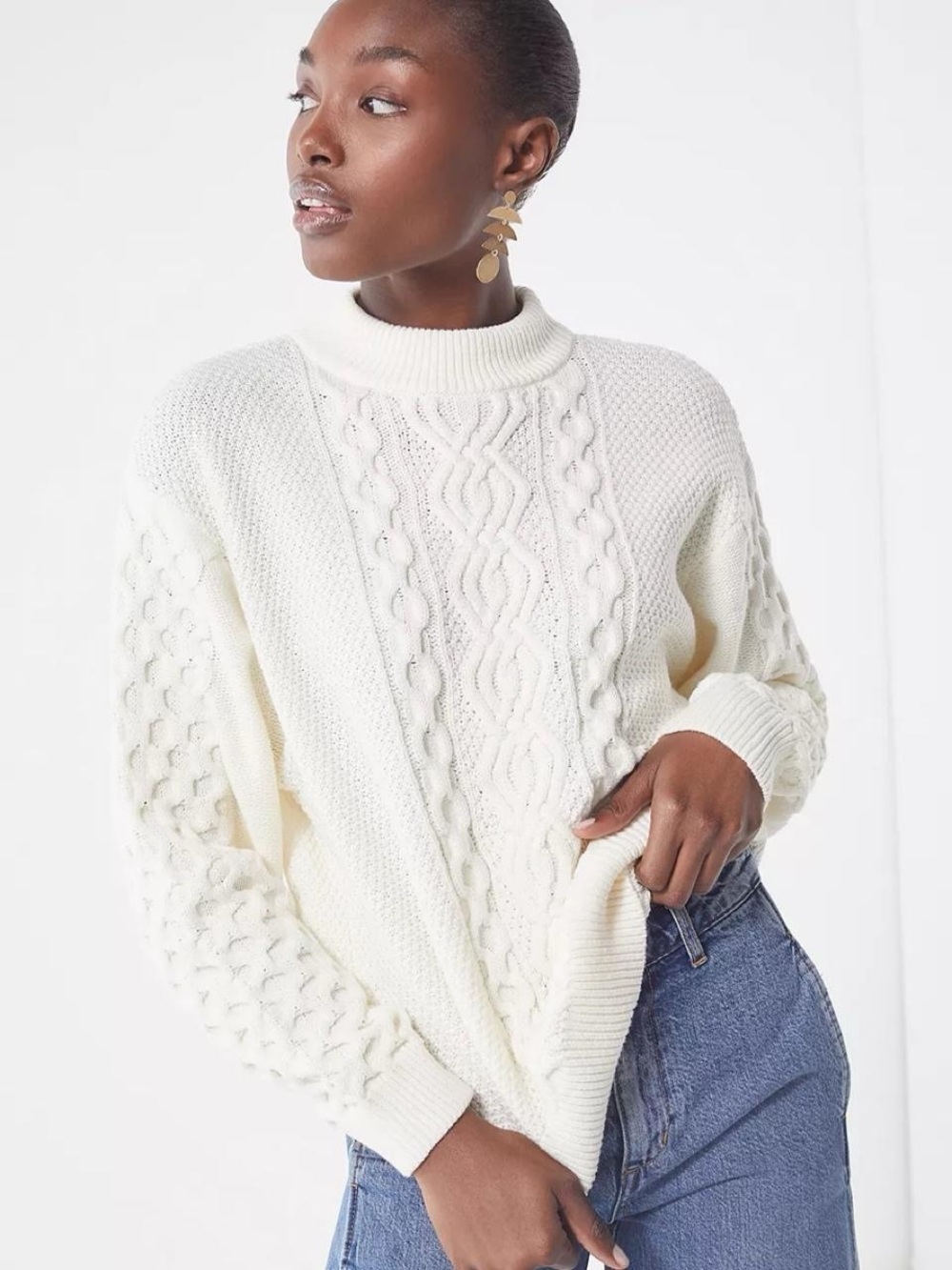 Urban Outfitters Austin Cream Cable-Knit Mock Neck Sweater
